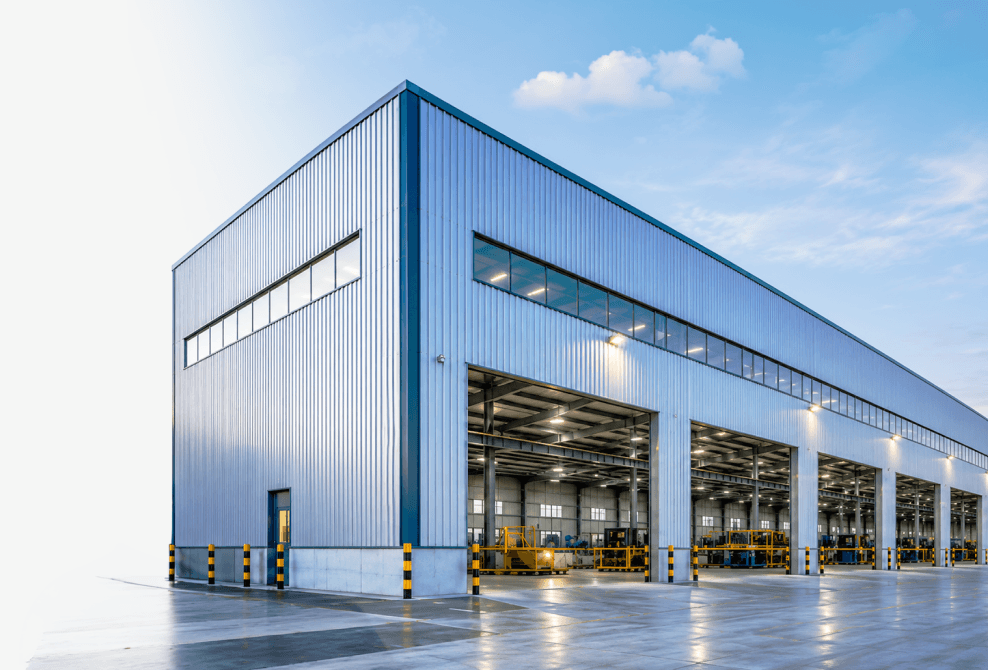 Modern industrial factory building with reflective concrete forecourt