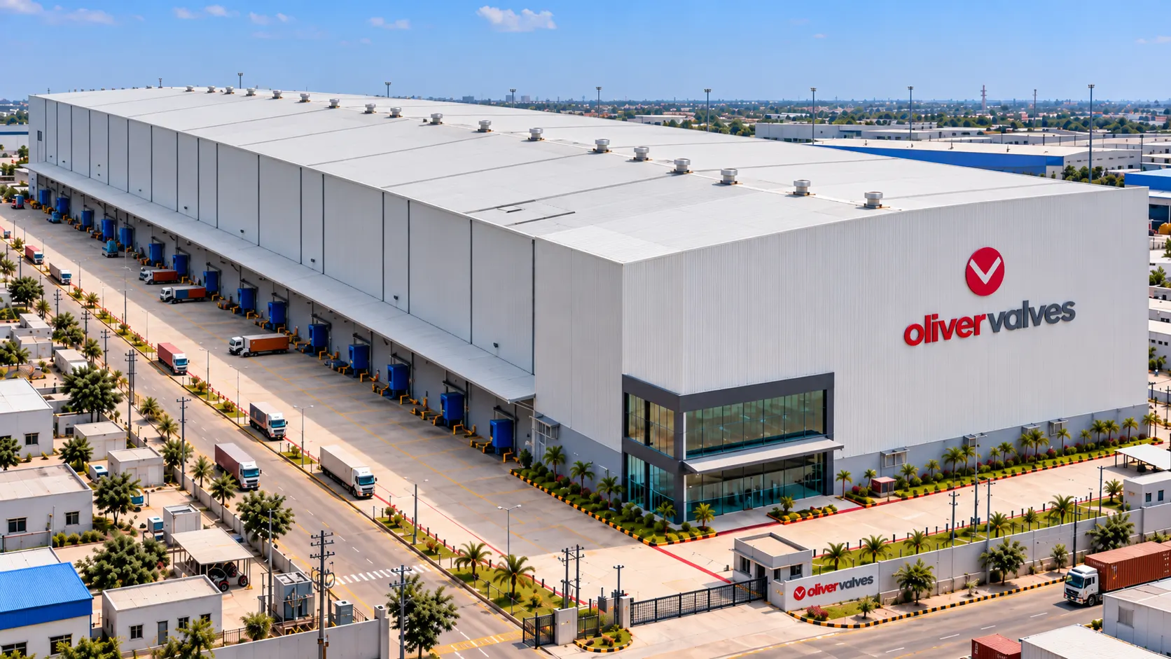 Large white warehouse with loading docks