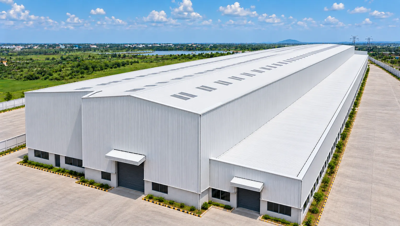 Aerial view of a white factory building with a long roof