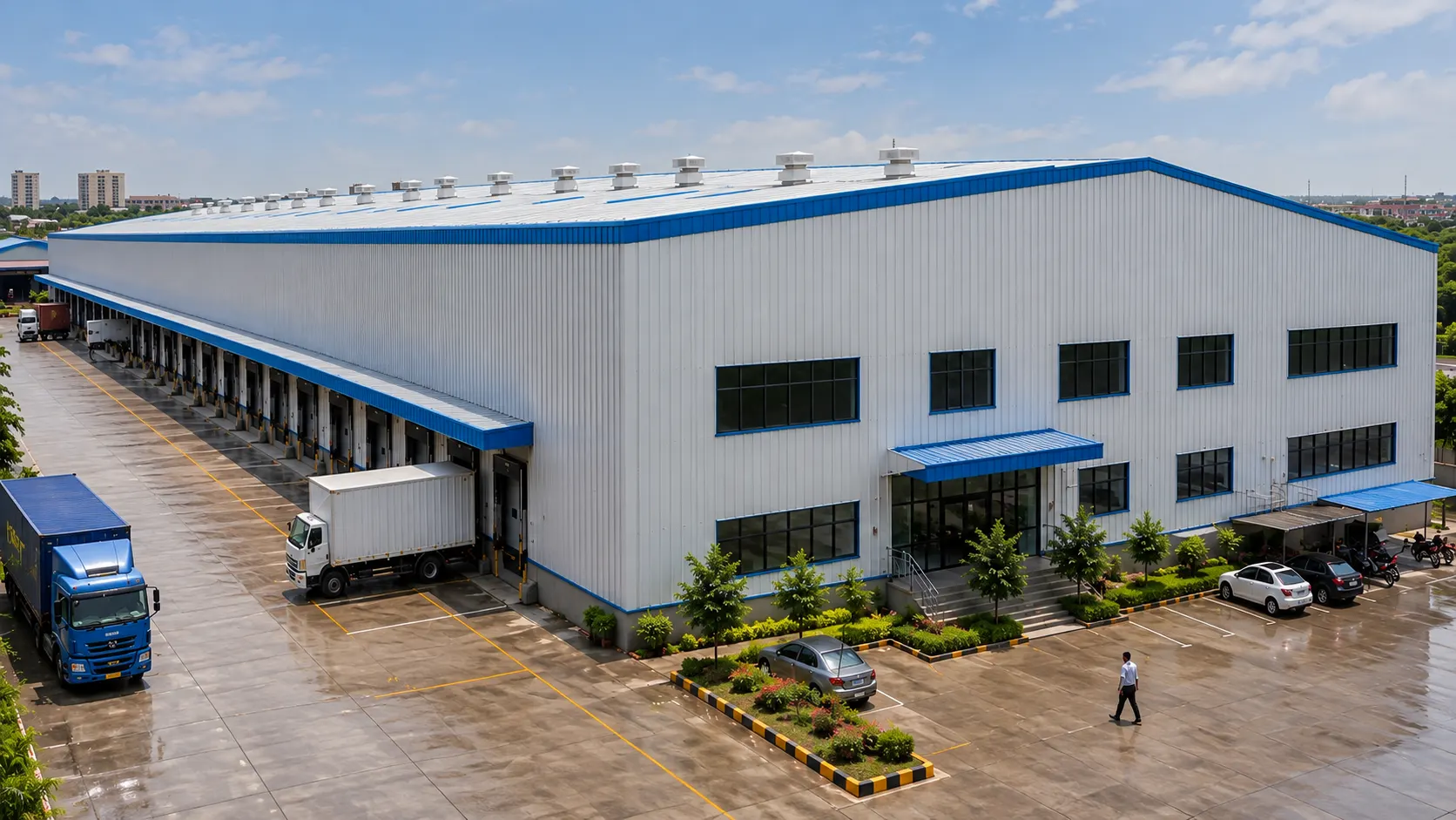 Industrial shed with loading docks and a parked truck
